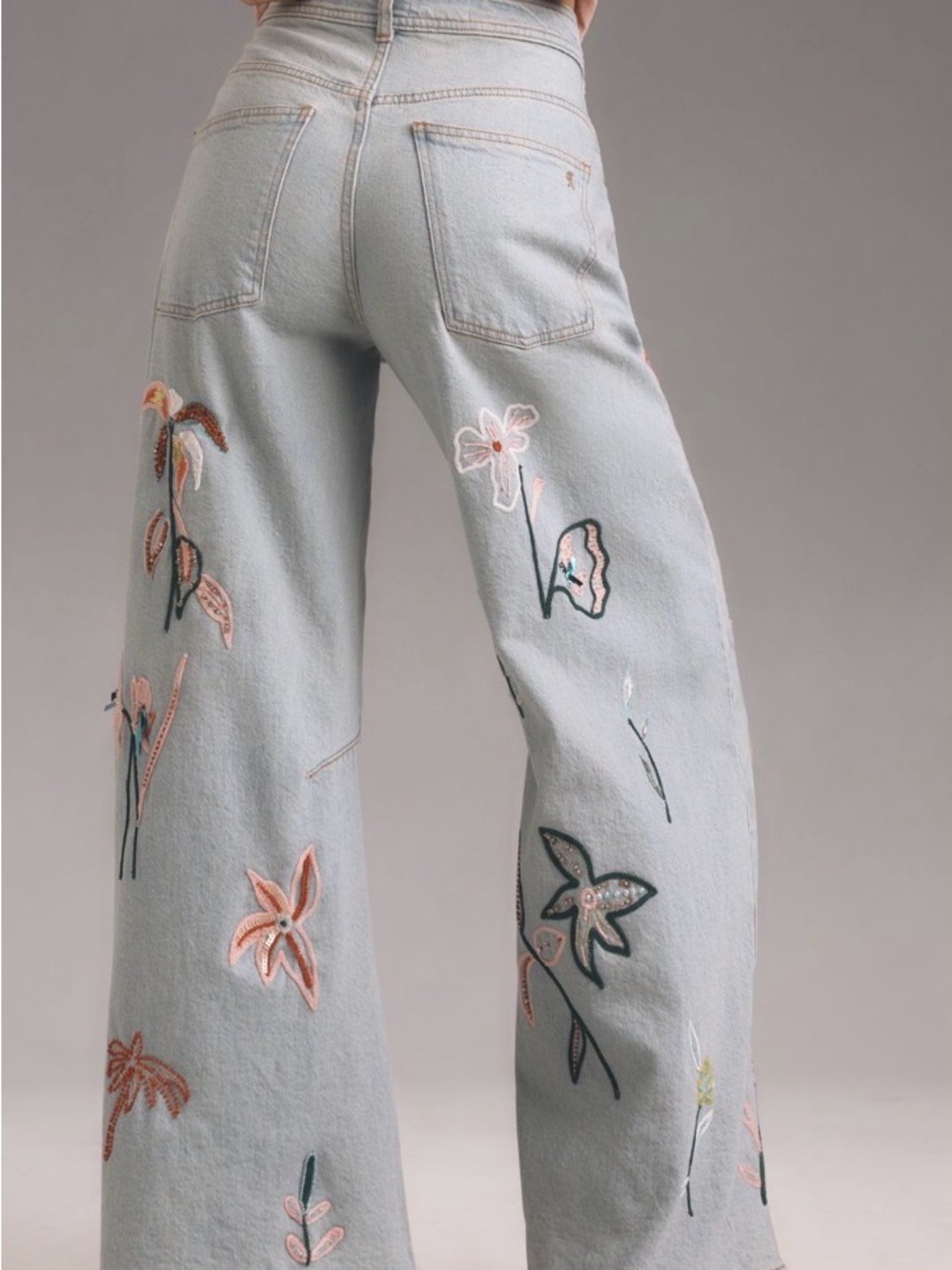 Anthropologie Pilcro Wash Embroidered Floral Wide-Leg Jeans - Light Blue - Picture 11 of 13